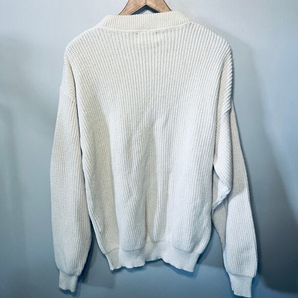 McBriar VTG 90s Blue Streak Sweater Men Pullover Cream Ribbed Knit Cotton L - Picture 4 of 6